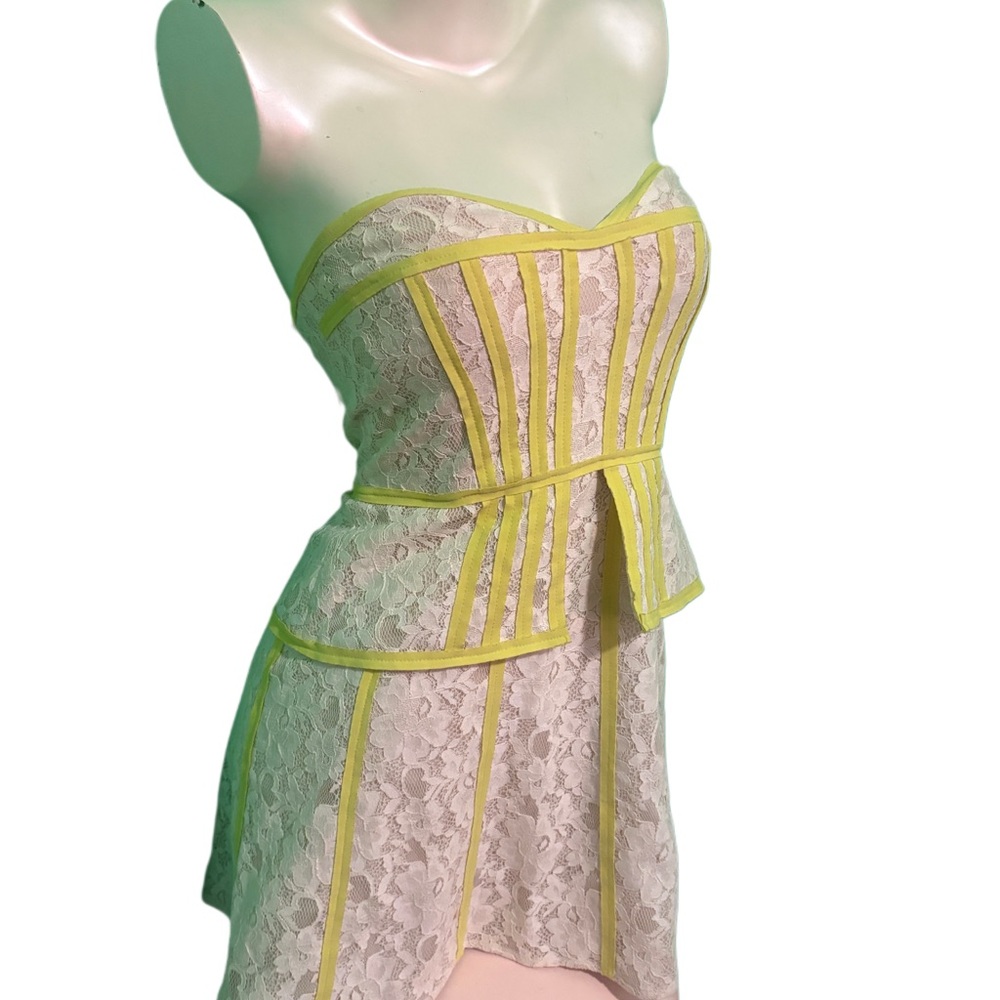 BCBG Strapless Lace Peplum Dress with Yellow Trim -